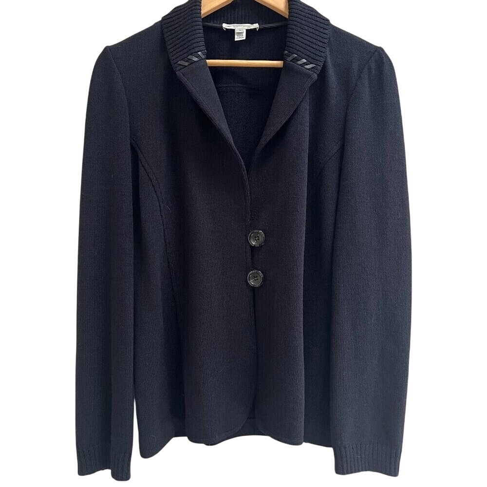 Vintage St. John Knit Cardigan Blazer Black‎ Wool Leather Trim Size XS